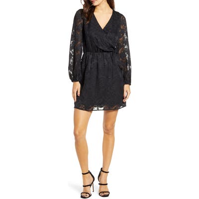 All In Favor Floral Jacquard Wrap Front Long Sleeve Minidress, Black