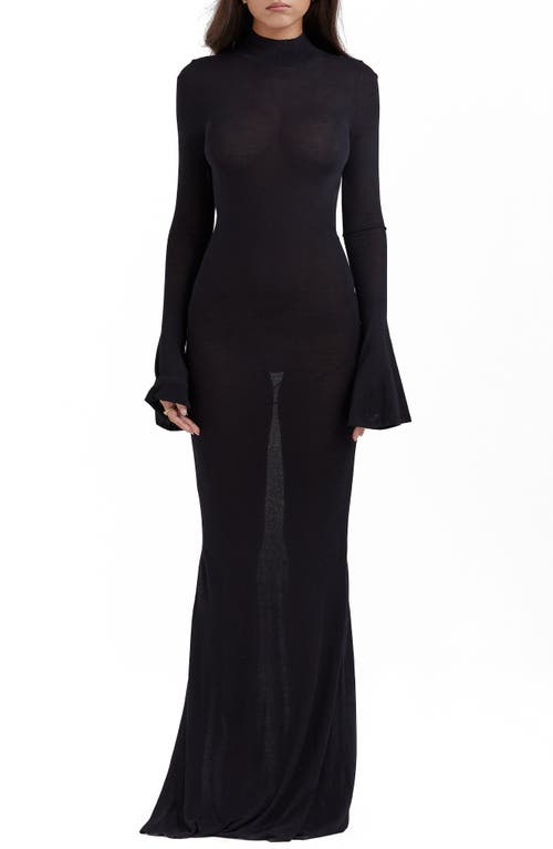 Sancha Open Back Long Sleeve Semisheer Body-Con Maxi Dress in Black