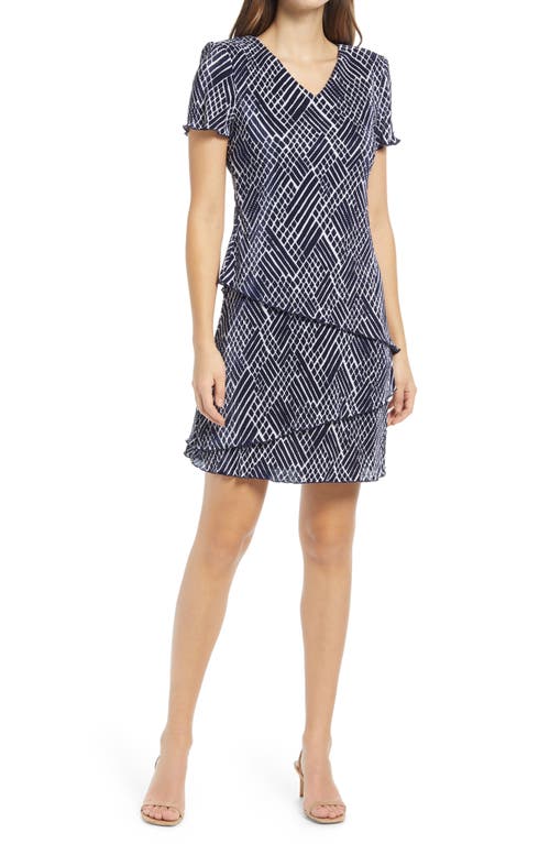 Connected Apparel Crosshatch Tiered Plissé Dress in Navy