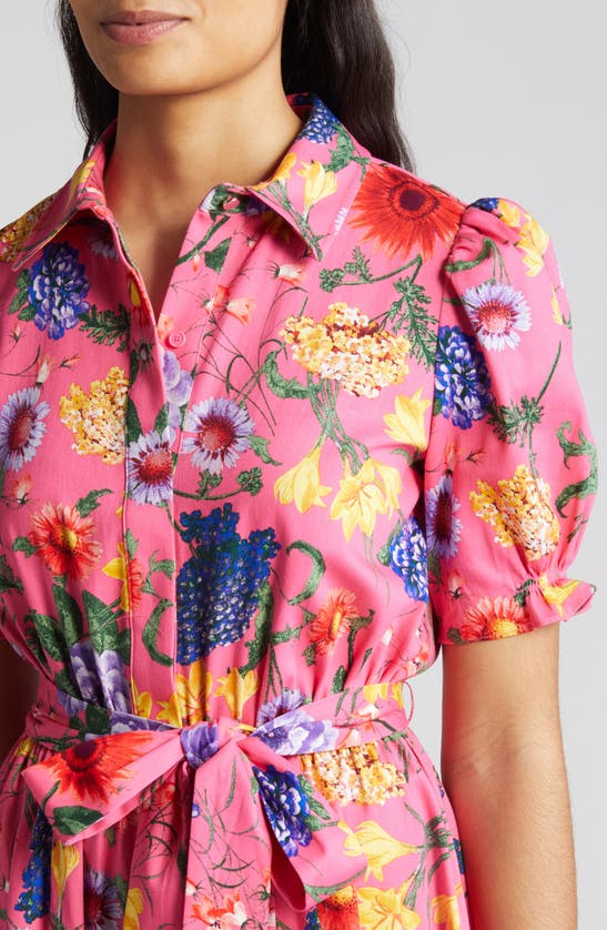 Shop Anne Klein Floral Puff Sleeve Stretch Cotton Midi Shirtdress In Camellia Multi