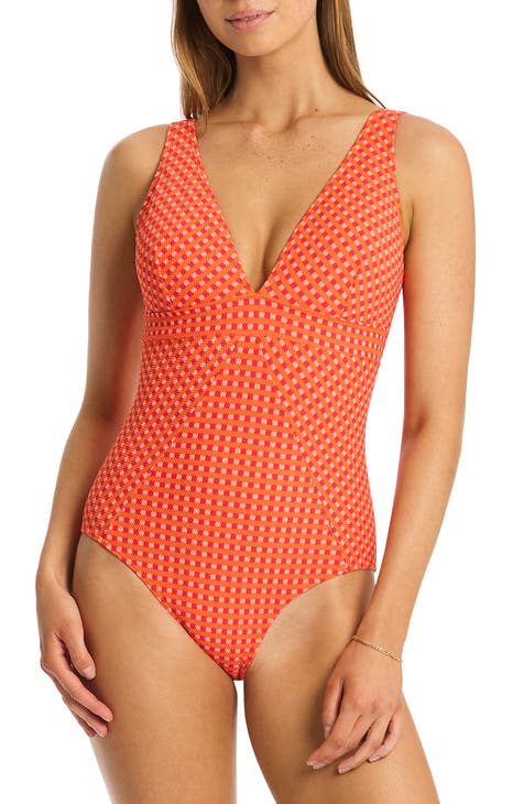 Lucky Brand Women's V-Neck One Piece Swimsuit, Orange//Block Party, Extra  Small : : Fashion