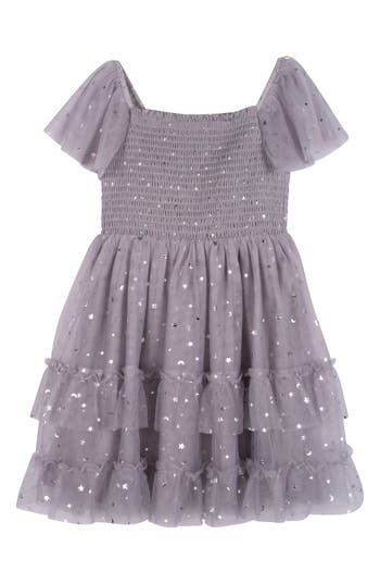 Zunie Kids' Sparkle Flutter Sleeve Mesh Dress In Grey
