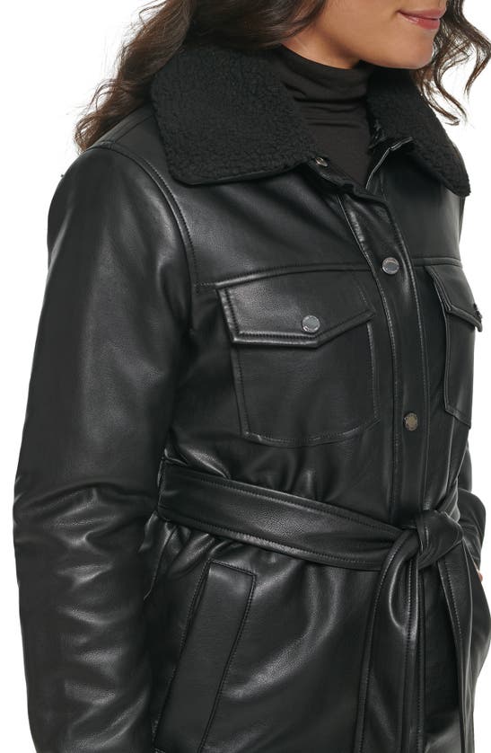 Shop Kenneth Cole Faux Leather Tie Belt Shacket With Removable Faux Shearling Collar In Black