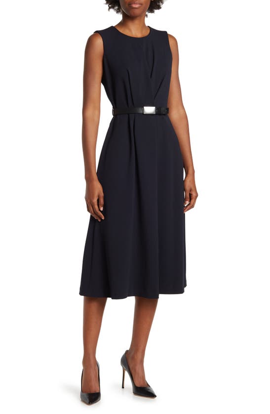 Calvin Klein Pleated Belted Midi Dress In Navy | ModeSens