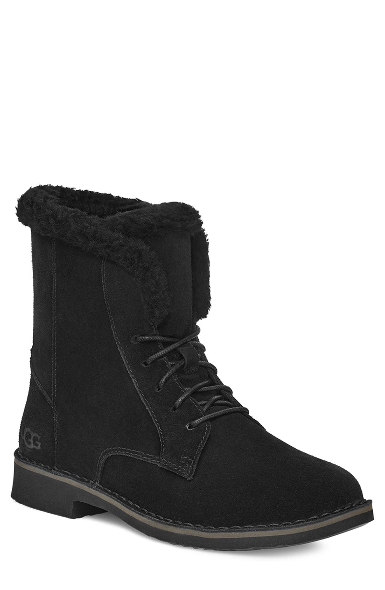 Vintage Boots- Winter Rain and Snow Boots History UGG UGG Quincy UGGplush Faux Shearling Lined Combat Boot in Black at Nordstrom Rack Size 11 $139.99 AT vintagedancer.com