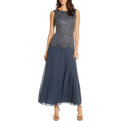 Plus Size Pisarro Nights Beaded Mock Two-Piece Gown, Grey