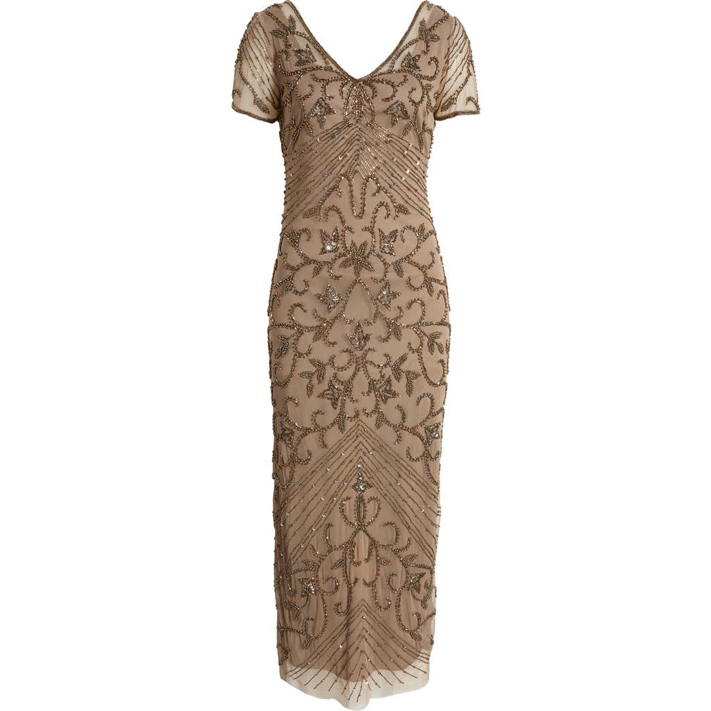 Pisarro Nights Beaded Mesh Column Gown In Oyster