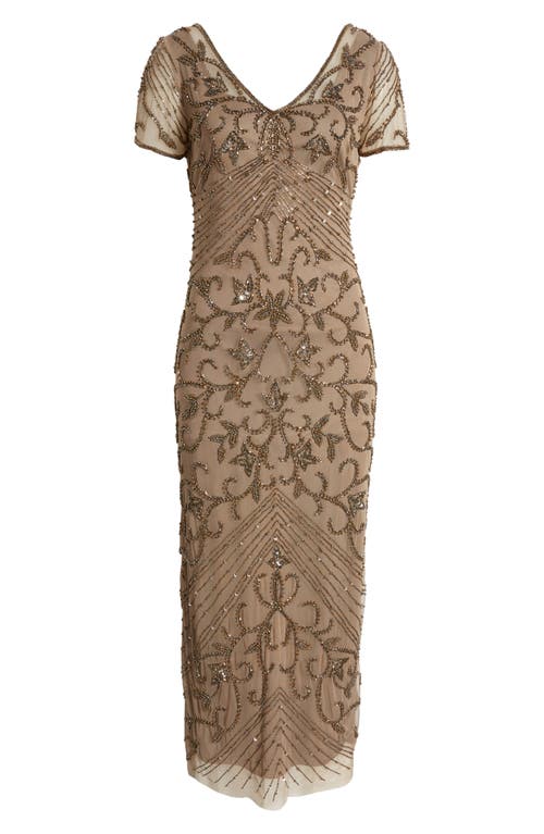 pisarro nights beaded mesh cocktail dress Pisarro Nights Beaded Mesh Midi Cocktail Dress SZ 10 Beige $268