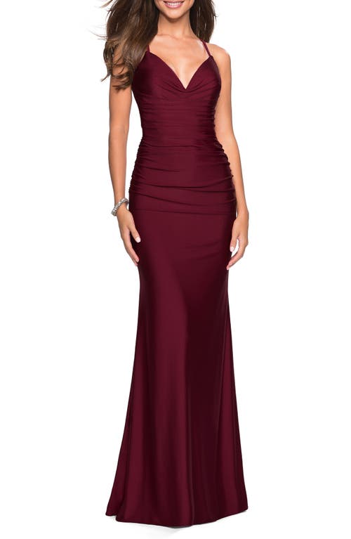 La Femme Strappy Back Ruched Trumpet Gown Dark Berry at Nordstrom,