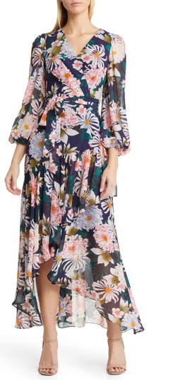 Eliza J Floral Long Sleeve High-Low Faux Wrap Dress | Nordstrom