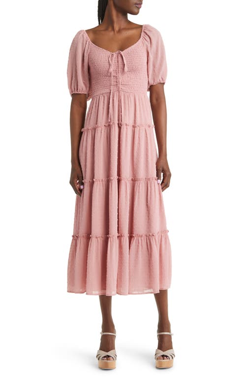 Charles Henry Tiered Smocked Midi Dress in Blush