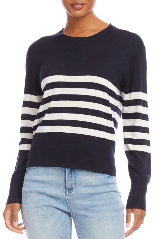 Shop Karen Kane Stripe Crewneck Sweater In Navy W/ Off White