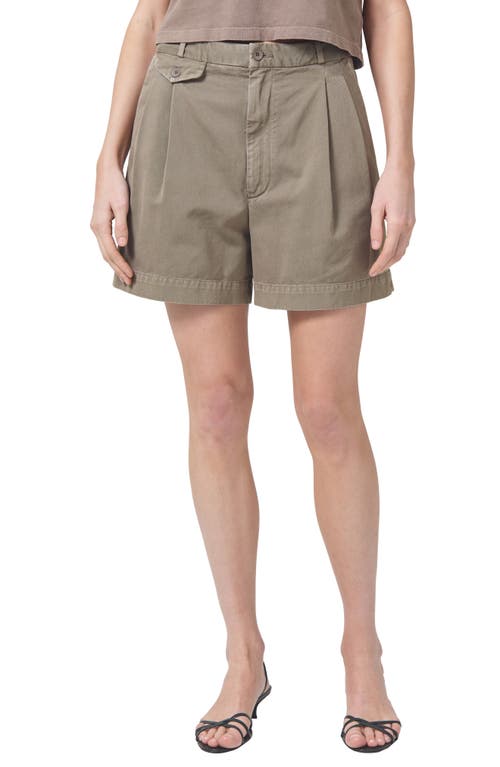 Agolde Becker Pleated Relaxed Fit Twill Chino Shorts In Bark