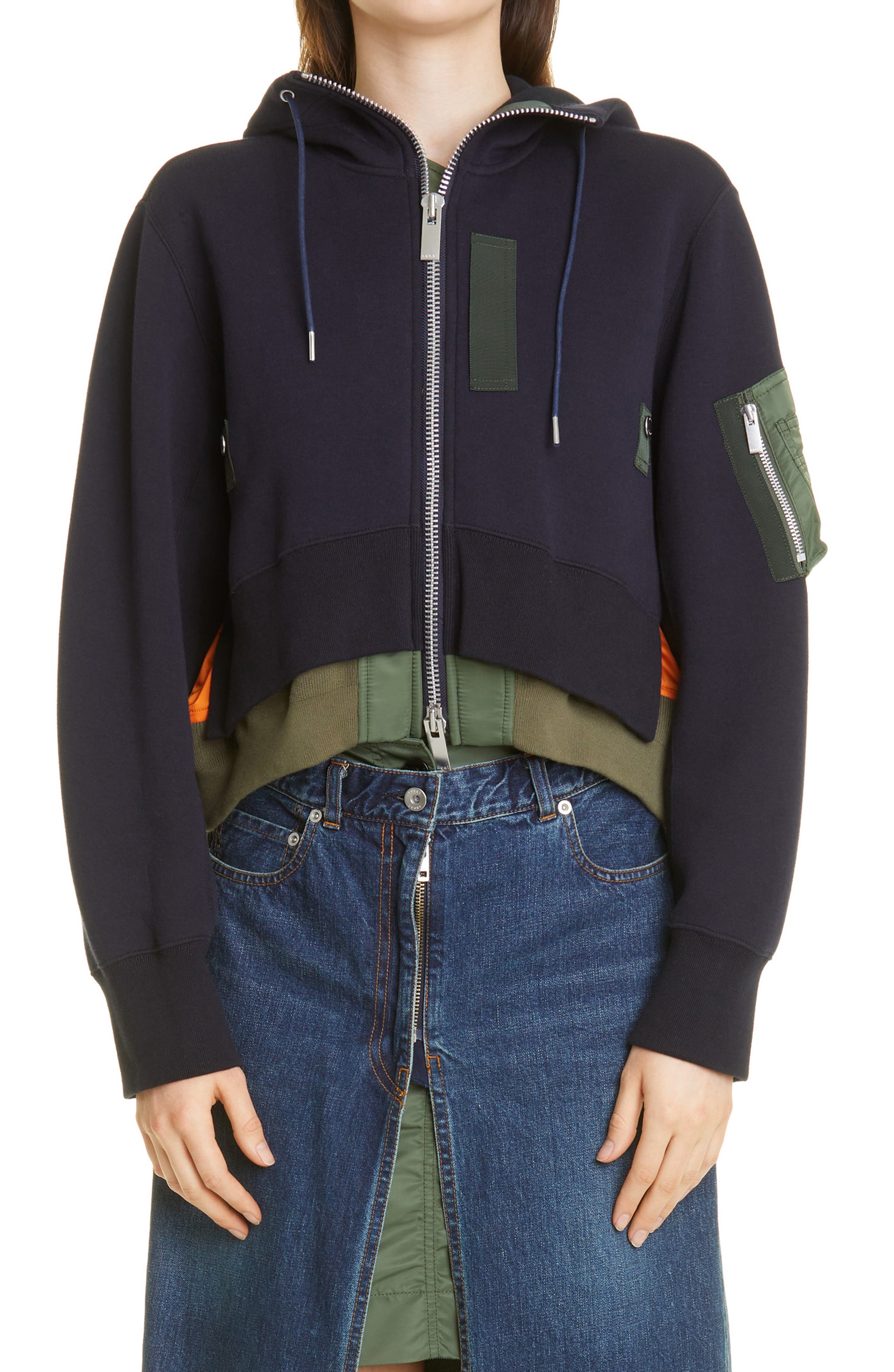 Sacai Layered Sponge Hoodie in Navy at Nordstrom, Size 3