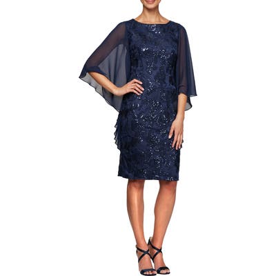 Alex Evenings Sequin Chiffon Sleeve Sheath Dress, Blue