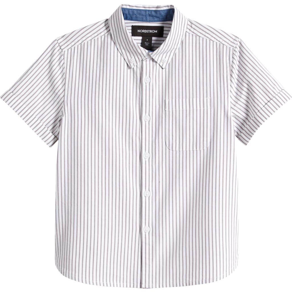 Nordstrom Kids' Stripe Short Sleeve Cotton Button-down Shirt In Grey- White Backyard Stripe