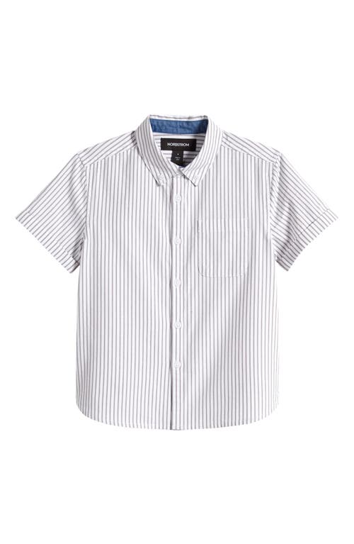 Nordstrom Kids' Rolled Cuff Short Sleeve Button-Down Shirt Grey- White Backyard Stripe at