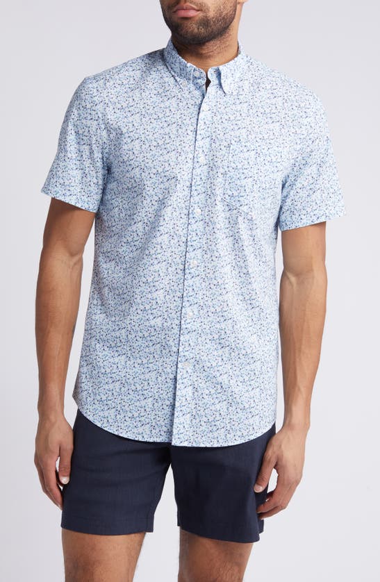 Nordstrom Trim Fit Floral Short Sleeve Stretch Cotton & Linen Button-down Shirt In White- Blue Micro Ditsy