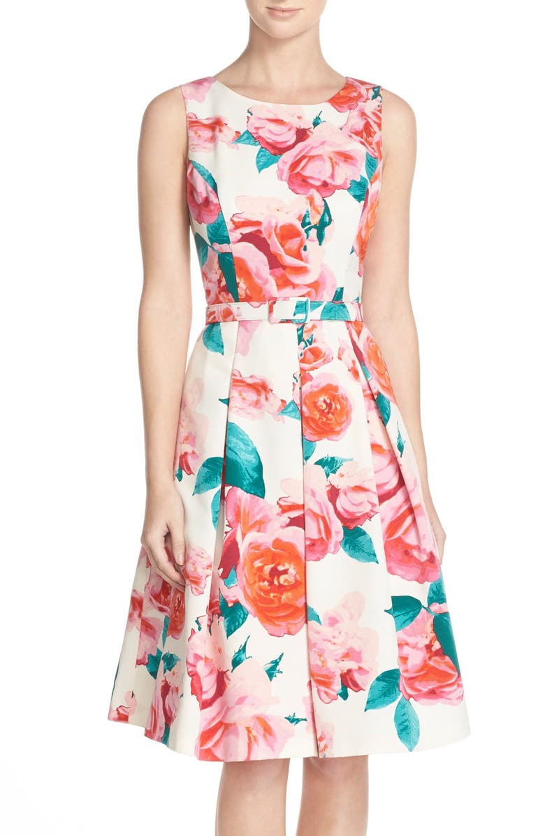Eliza J Belted Floral Print Faille Fit & Flare Dress | Nordstrom