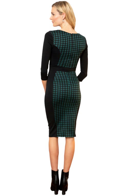 Shop Hotsquash London Bodycon Ponte Dress With 3/4 Sleeves In Green Houndstooth Large