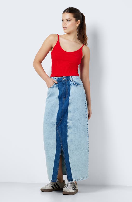 Shop Noisy May Rinna Colorblock Front Slit Denim Midi Skirt In Medium Blu Denim Colorblck