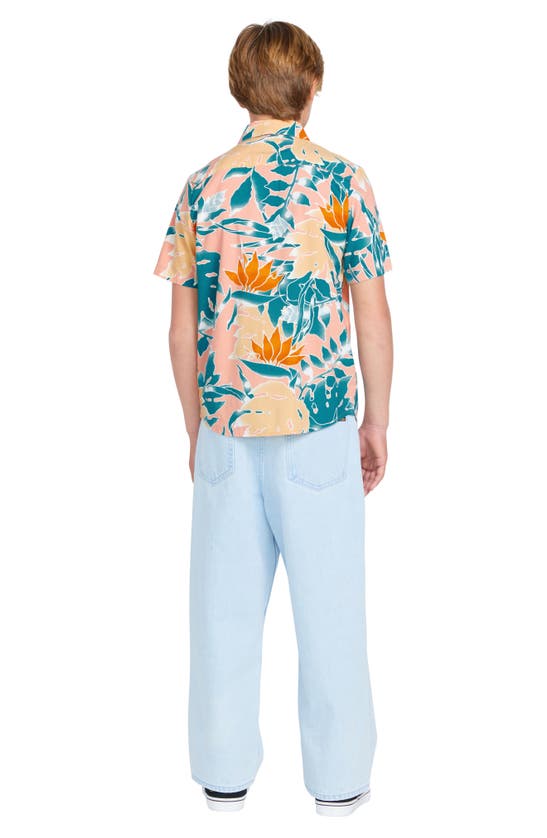 Shop Volcom Kids' Leaf Pit Floral Short Sleeve Button-up Shirt In Salmon