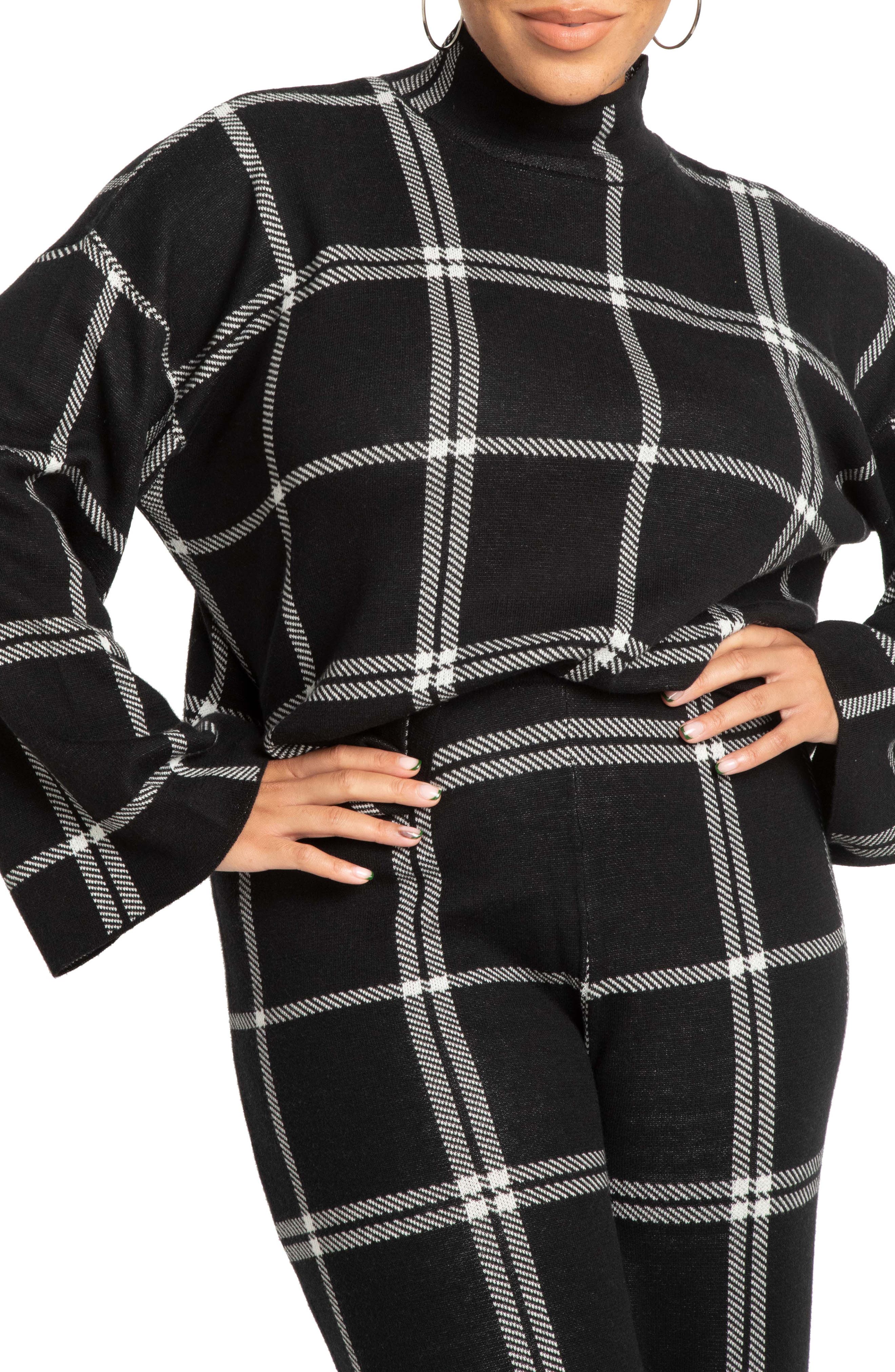 ELOQUII Windowpane Plaid Mock Neck 