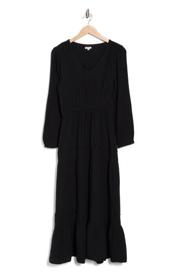 Maisie Long Sleeve Tiered Cotton Midi Dress In Black