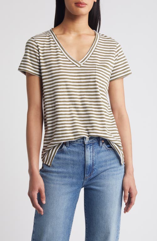 caslon(r) V-Neck Short Sleeve Pocket T-Shirt in Olive Burnt- White Stripe