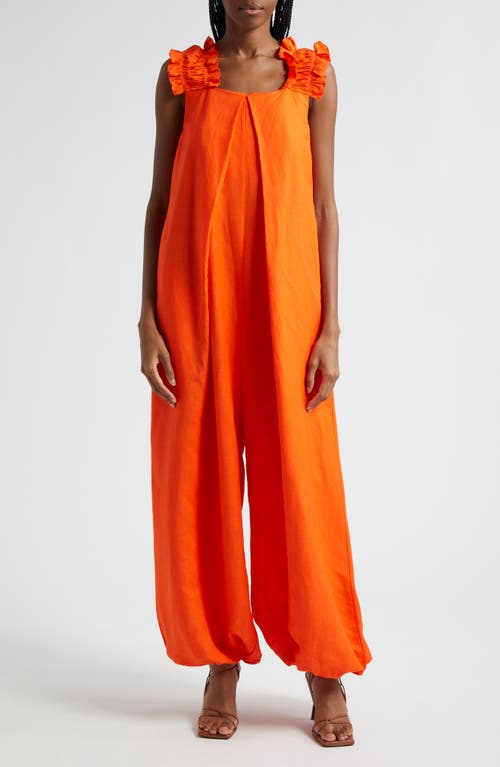 Oma Ruffle Strap Linen Blend Jumpsuit in Orange