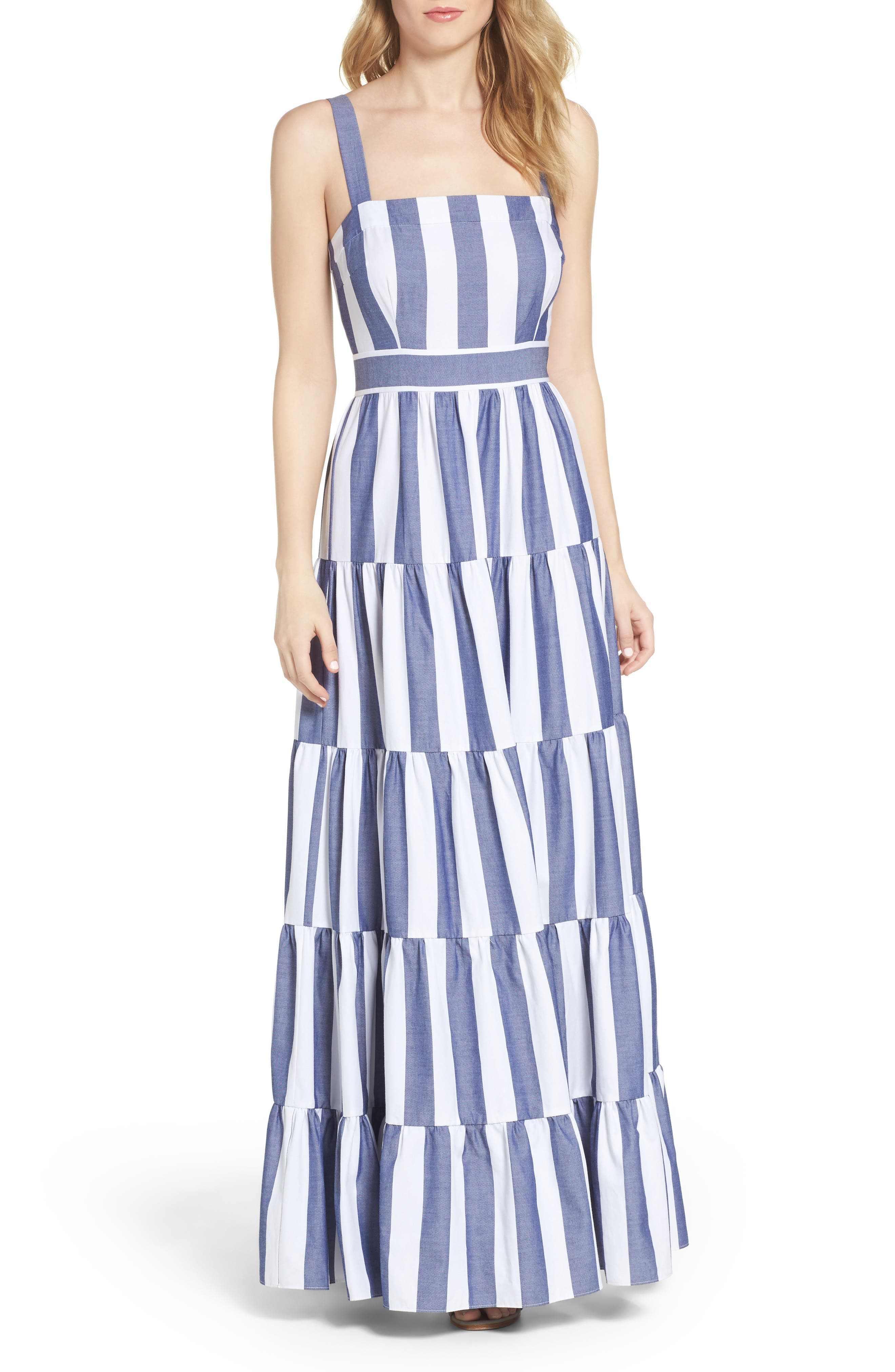 nautical cotton smocked tiered maxi dress