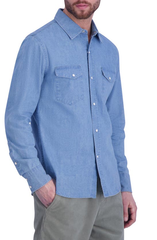 Shop Goodlife Regular Fit Snap-up Cotton Denim Shirt In Light Indigo