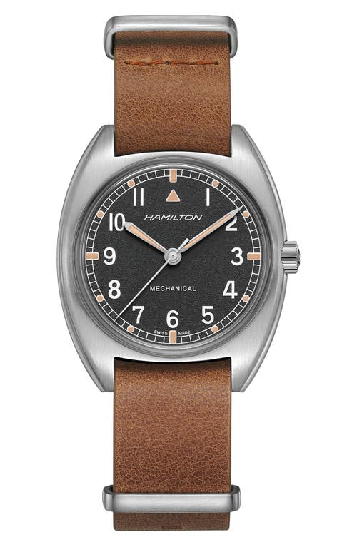 HAMILTON HAMILTON KHAKI AVIATOR PILOT PIONEER LEATHER STRAP WATCH, 36MM X 33MM
