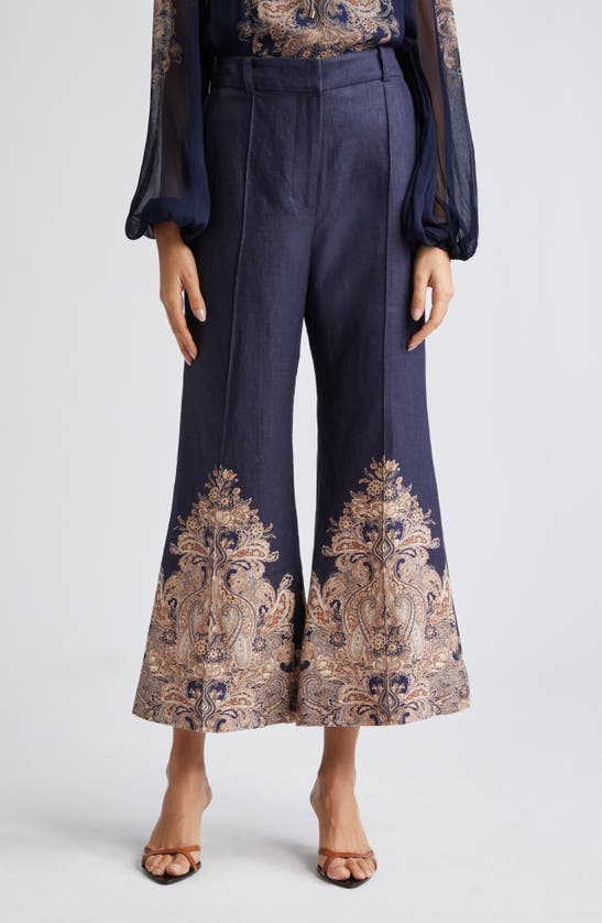 Zimmermann Natura Floral Paisley Crop Flare Linen Pants In Navy Paisley
