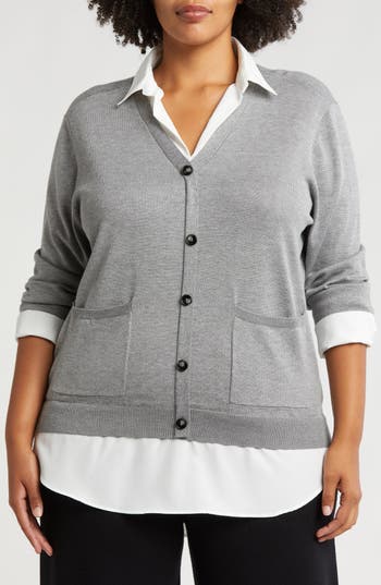 By Design Arlo Twofer Sweater In Light Grey Heather/white