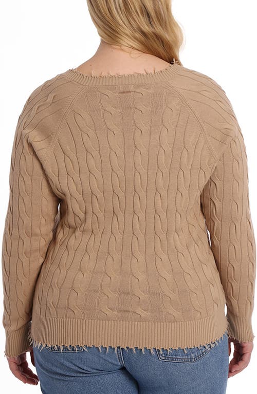Shop Minnie Rose Frayed V-neck Cable Knit Cotton Sweater In Brown Sugar