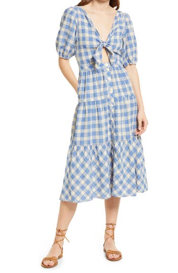 Shop Frnch Victoire Check Center Cutout Woven Dress In Blue Jeans