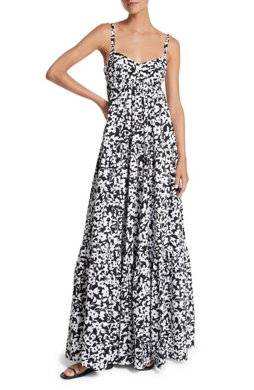 Michael Kors Collection Floral Print Tiered Cotton Poplin Maxi Dress Black/Optic White at Nordstrom,