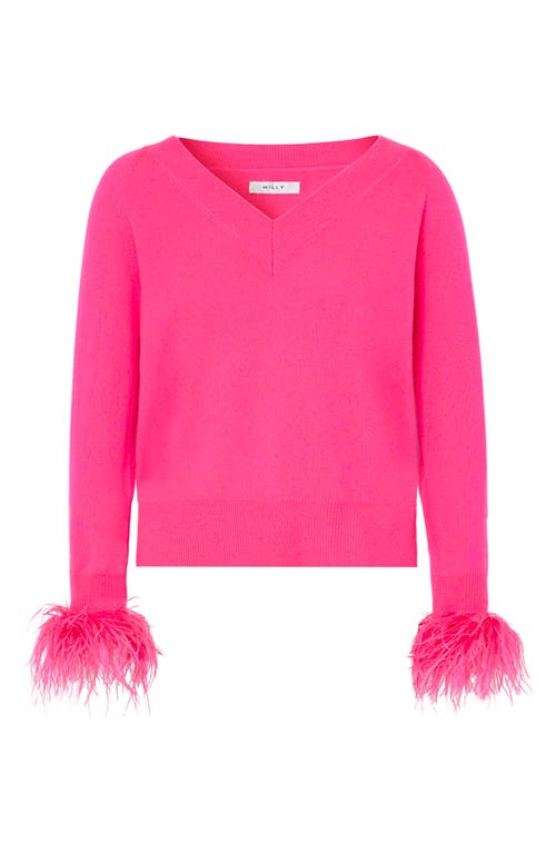 Milly Feather Cuff V-neck Long Sleeve Sweater In Pink