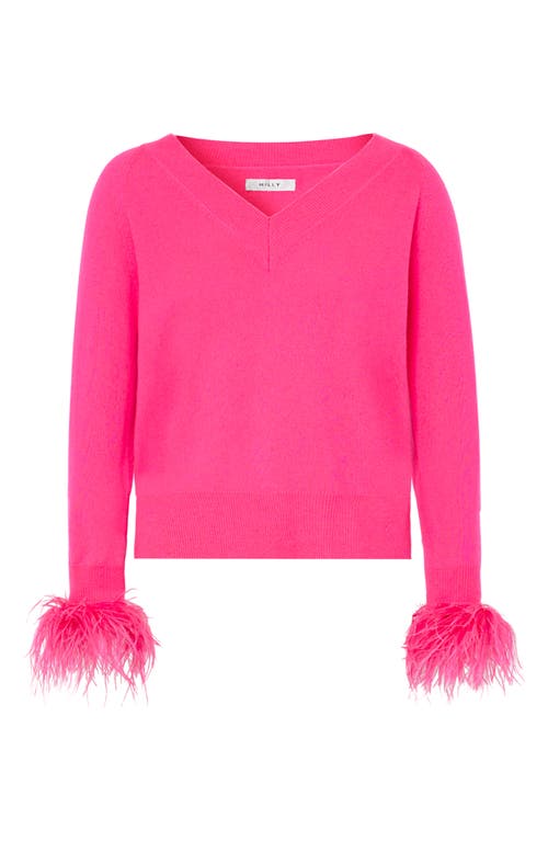 Shop Milly Feather Cuff V-neck Sweater In  Pink