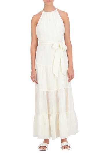 Shop Bcbg New York Tiered Gauze Maxi Dress In Blanc