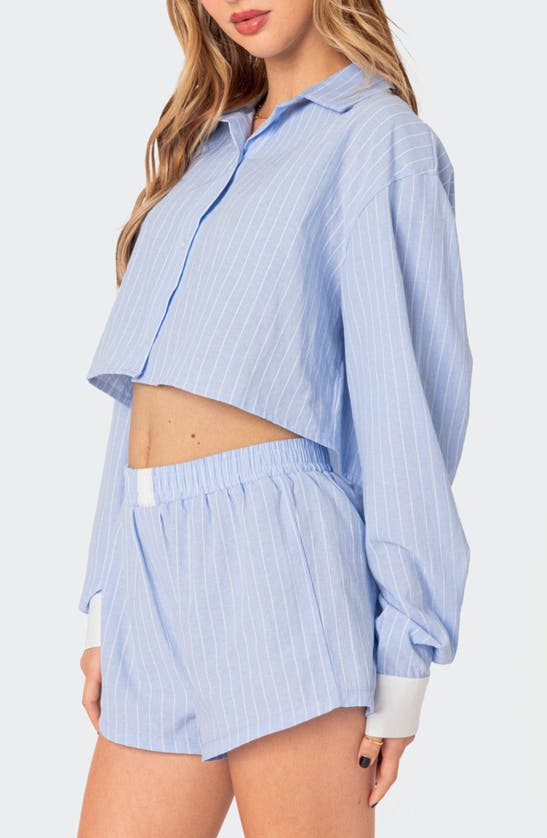 Edikted Lea Stripe Crop Button-up Shirt In Light-blue