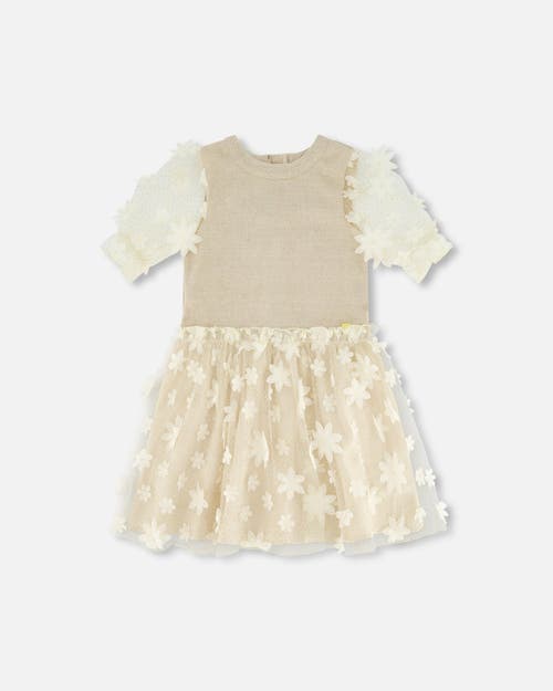 Deux Par Deux Girl's Elbow Sleeve Dress With Tulle Skirt Glittering Beige In Off White