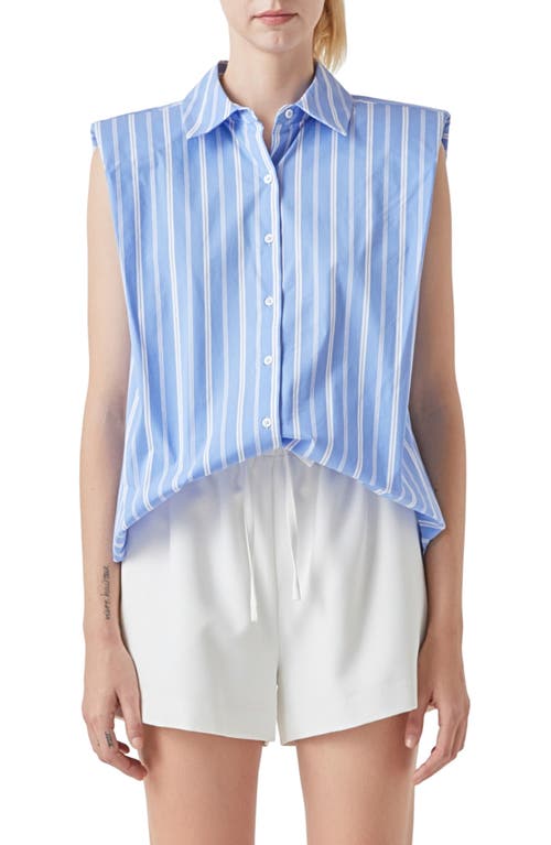 Stripe Power Shoulder Sleeveless Button-Up Shirt in Blue/White