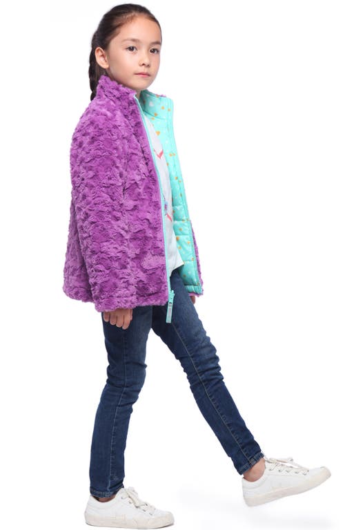 Rokka&rolla Kids' Reversible Fleece Puffer Jacket In Mulberry Ice/green Printed