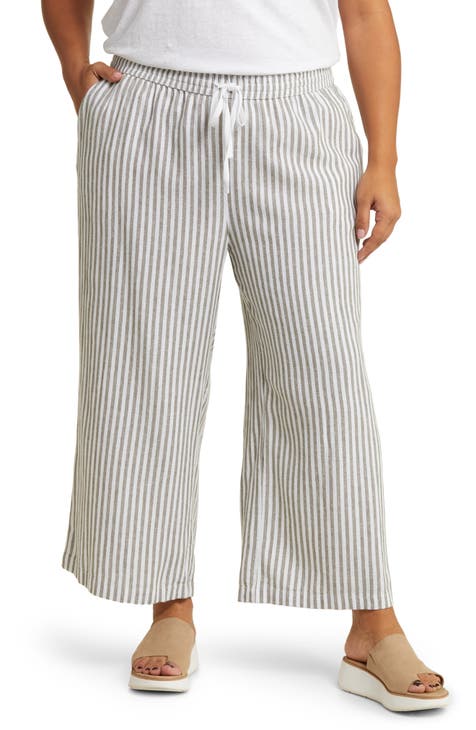 Stripe Tie Waist Wide Leg Linen Blend Pants (Plus)