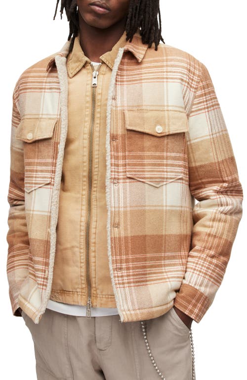 Shop Allsaints Sacco Plaid Fleece Lined Cotton Shirt Jacket In Ecru/camel