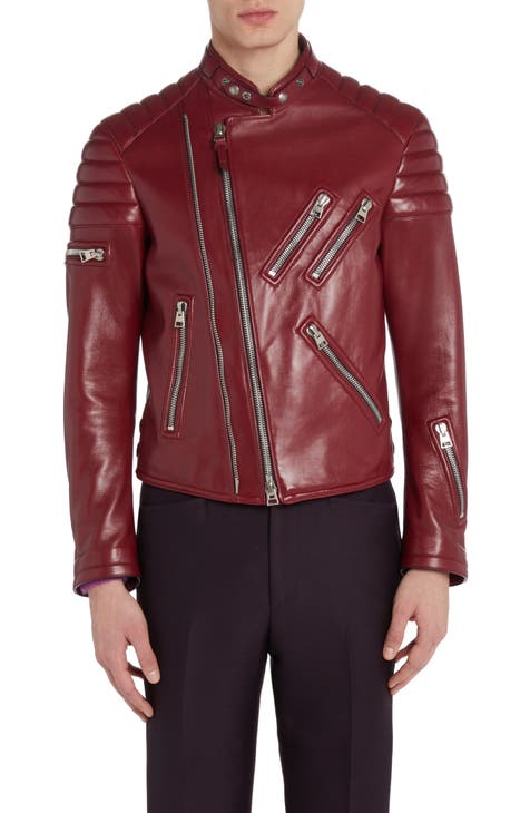 Leather biker jacket with mini monogram print brown - Men