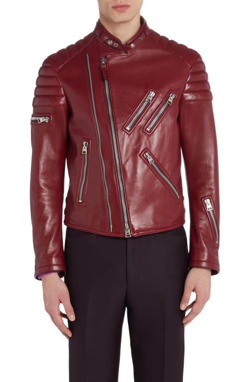 Glossy Plongé Leather Biker Jacket in Oxblood