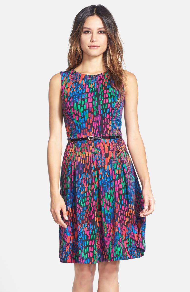 ELLEN TRACY Print Scuba Fit & Flare Dress, Main, color, BLACK MULTI